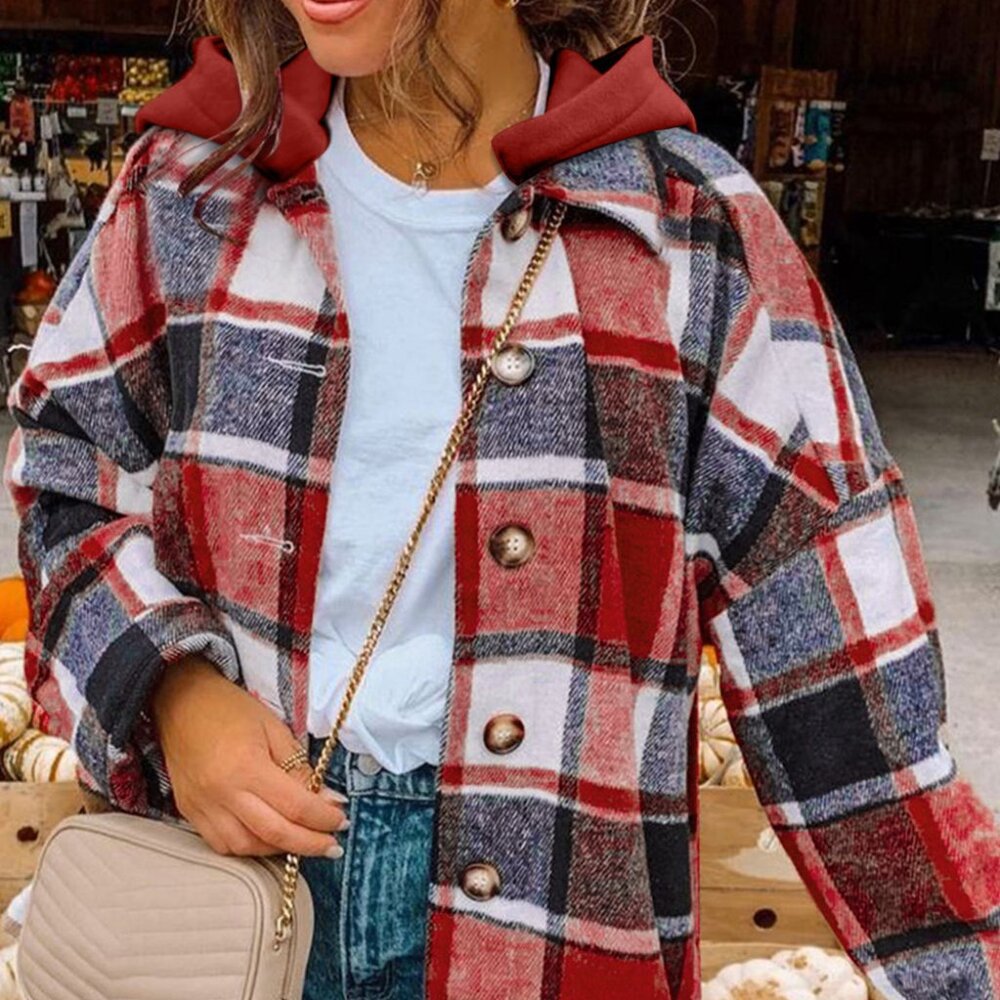 B007 Fiery Red Hooded Plaid Button Front Shacket